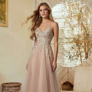 New Champagne Beads Embellished Festive Long Dress w/ V-Neckline AC 4064